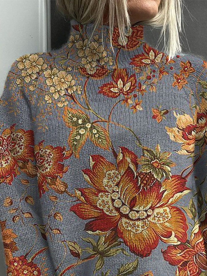 Women Floral Printing Spring/Fall Vintage Long Sleeve Turtleneck Sweater