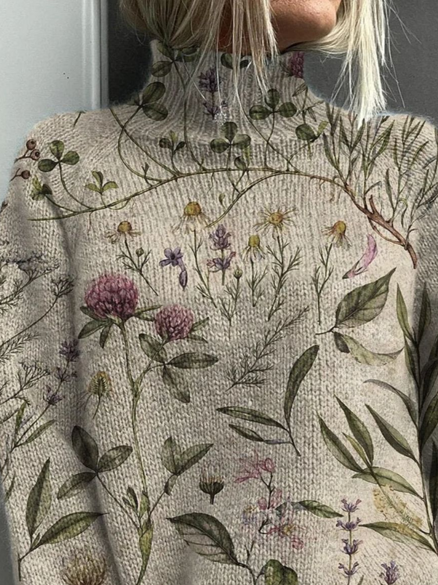 Women Floral Printing Spring/Fall Vintage Long Sleeve Turtleneck Sweater
