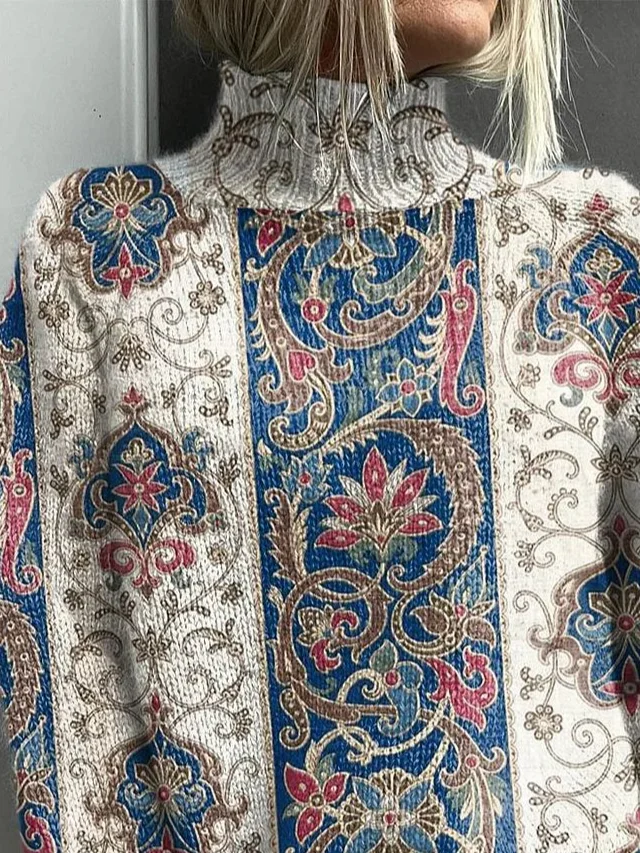 Women Floral Printing Spring/Fall Vintage Long Sleeve Turtleneck Sweater