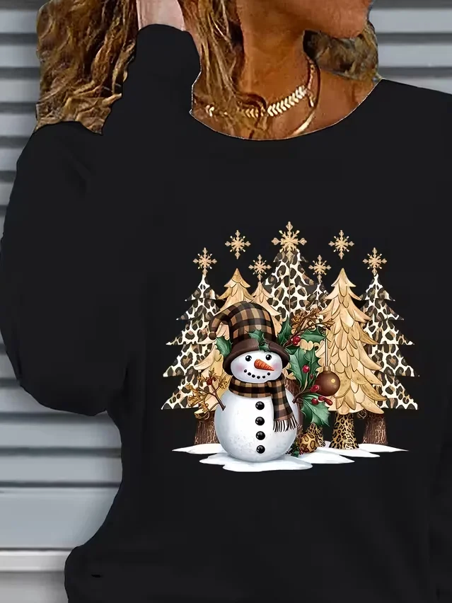 Women Christmas Snowman Long Sleeve Tee T-shirt Crew Neck Printing Casual Spring/Fall Graphic Tee Top