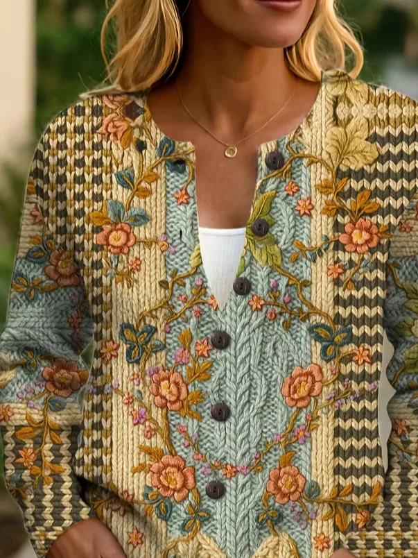 Women Floral Printing Long Sleeve Crew Neck Vintage Spring/Fall Cardigan Outerwear