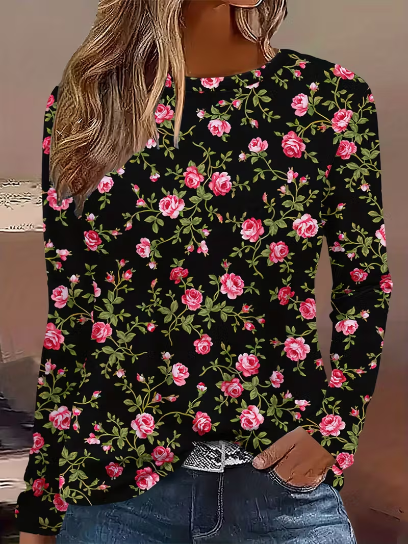 Women Floral Long Sleeve Tee T-shirt Crew Neck Printing Casual Spring/Fall Graphic Tee Top