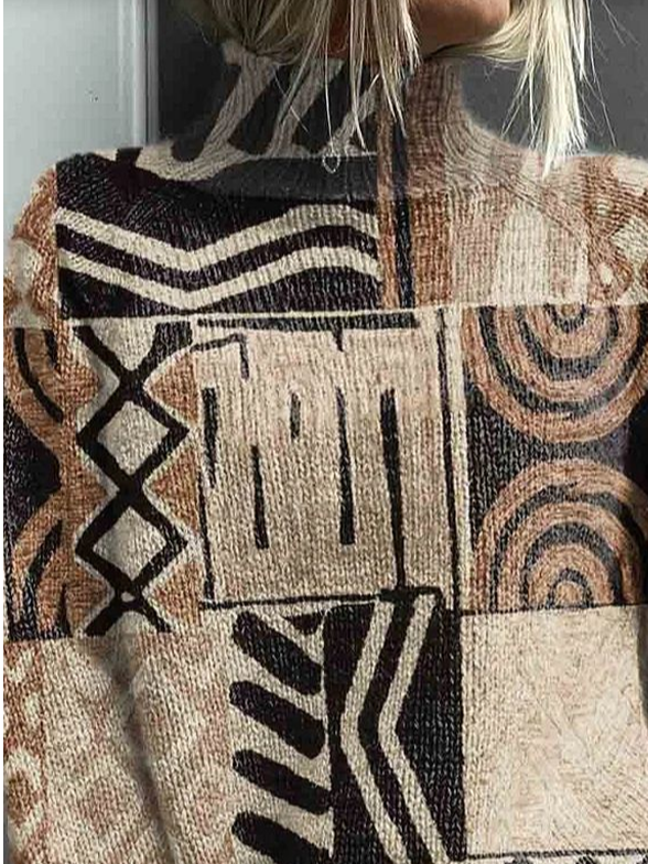 Women Geometric Printing Spring/Fall Vintage Long Sleeve Turtleneck Sweater