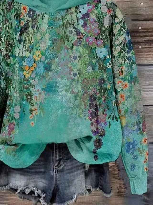 Women Floral Spring/Fall Printing Long Sleeve Casual Daily Hoodie
