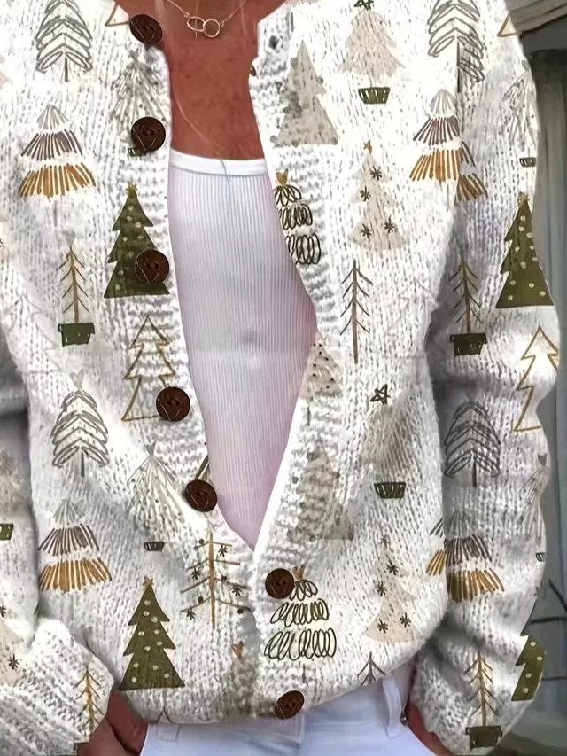 Women Christmas Printing Long Sleeve Crew Neck Vintage Spring/Fall Cardigan Outerwear