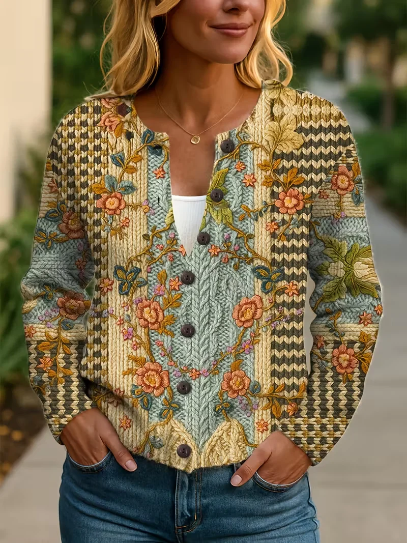 Women Floral Printing Long Sleeve Crew Neck Vintage Spring/Fall Cardigan Outerwear