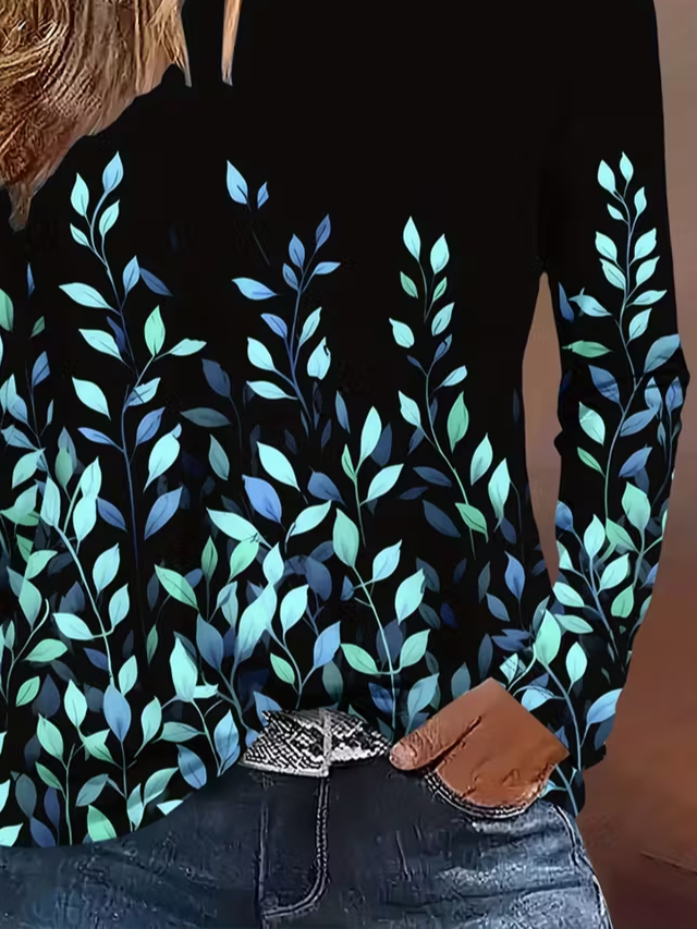 Women Leaf Long Sleeve Tee T-shirt Crew Neck Printing Casual Spring/Fall Graphic Tee Top