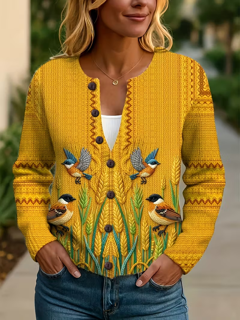 Women Bird Printing Long Sleeve Crew Neck Vintage Spring/Fall Cardigan Outerwear