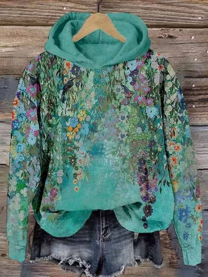 Women Floral Spring/Fall Printing Long Sleeve Casual Daily Hoodie