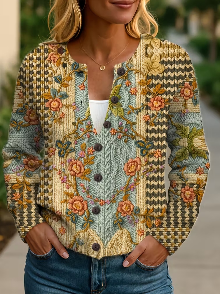 Women Floral Printing Long Sleeve Crew Neck Vintage Spring/Fall Cardigan Outerwear