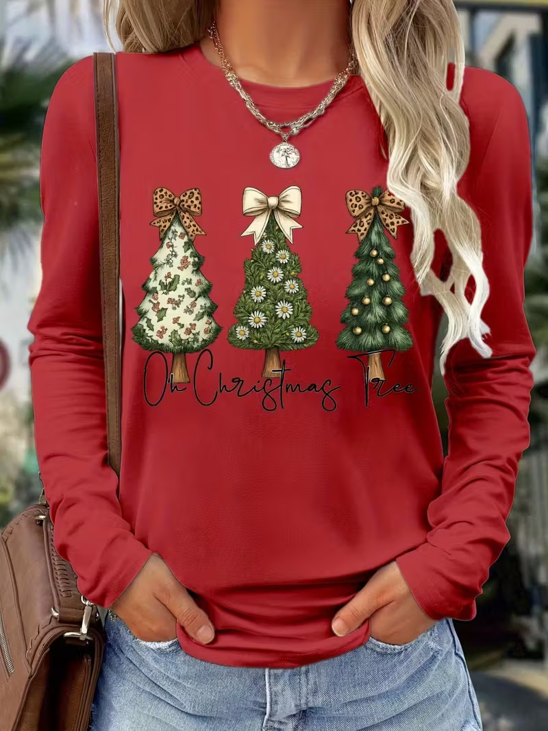 Women Christmas Long Sleeve Tee T-shirt Crew Neck Printing Casual Spring/Fall Graphic Tee Top