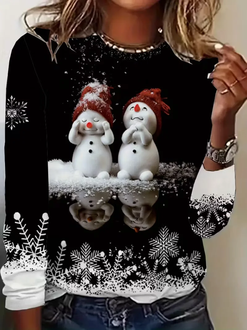 Women Christmas Snowman Long Sleeve Tee T-shirt Crew Neck Printing Casual Spring/Fall Graphic Tee Top
