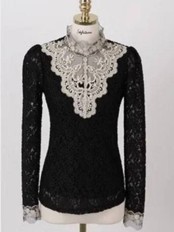 Women Floral Long Sleeve Tee T-shirt Stand Collar Beaded Vintage Spring/Fall Top