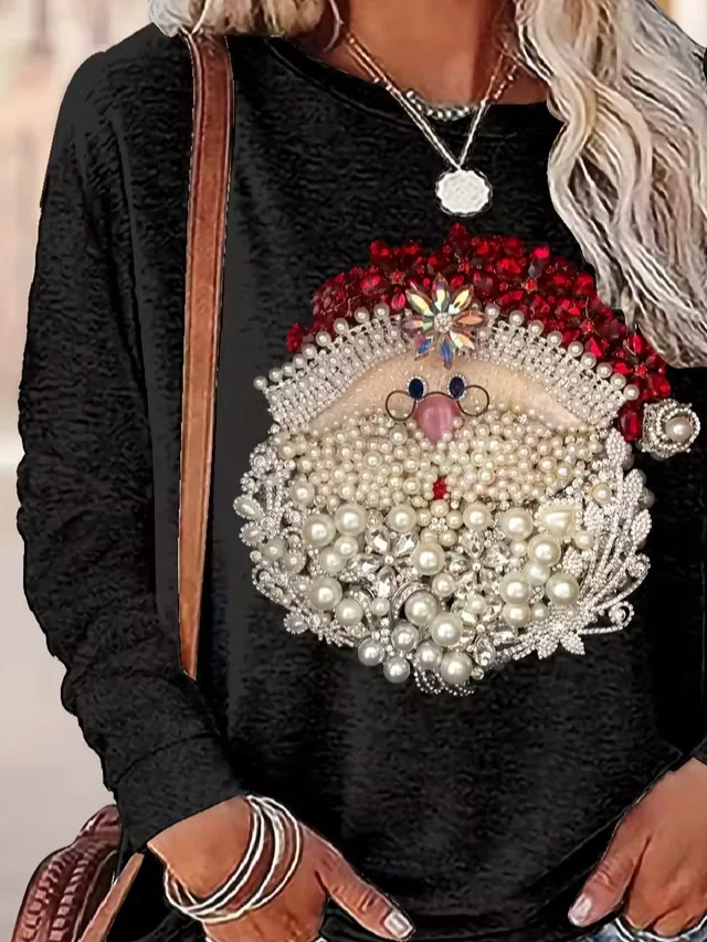 Women Santa Claus Long Sleeve Tee T-shirt Crew Neck Printing Casual Spring/Fall Graphic Tee Top