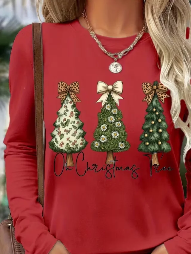 Women Christmas Long Sleeve Tee T-shirt Crew Neck Printing Casual Spring/Fall Graphic Tee Top