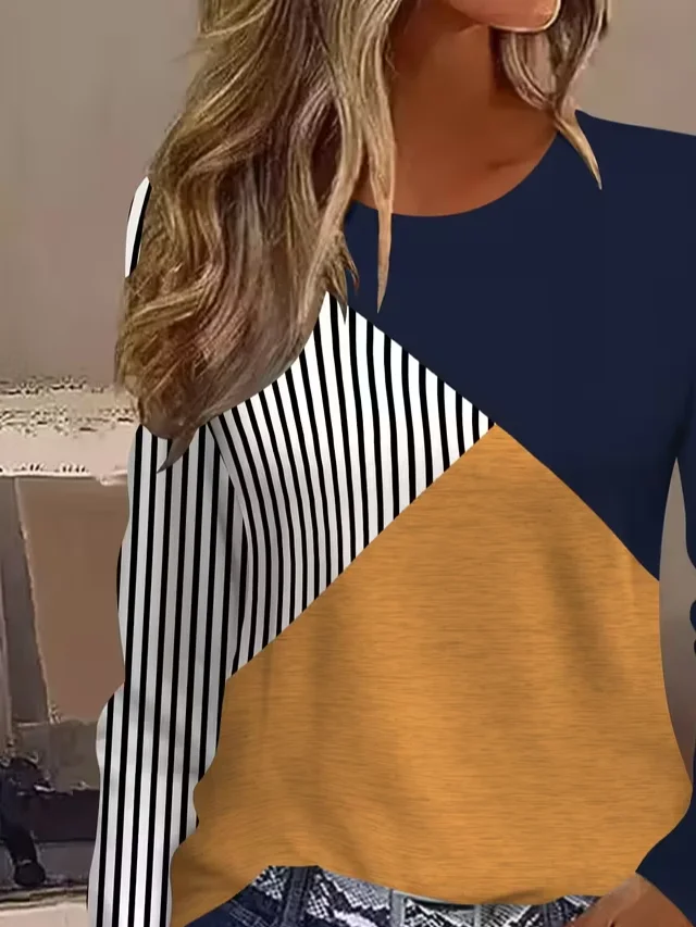 Women Contrast Stitching Long Sleeve Tee T-shirt Crew Neck Printing Casual Spring/Fall Graphic Tee Top