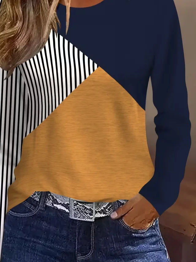 Women Contrast Stitching Long Sleeve Tee T-shirt Crew Neck Printing Casual Spring/Fall Graphic Tee Top