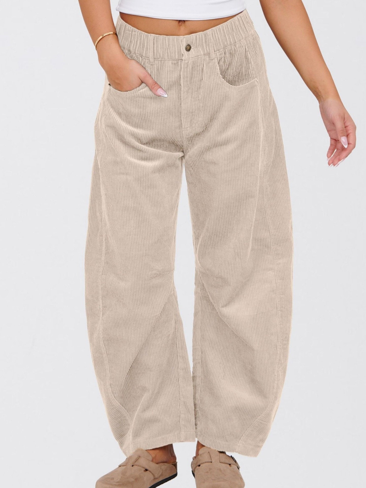 Women Plain Long Elastic Waist Pants Casual Spring/Fall Trousers