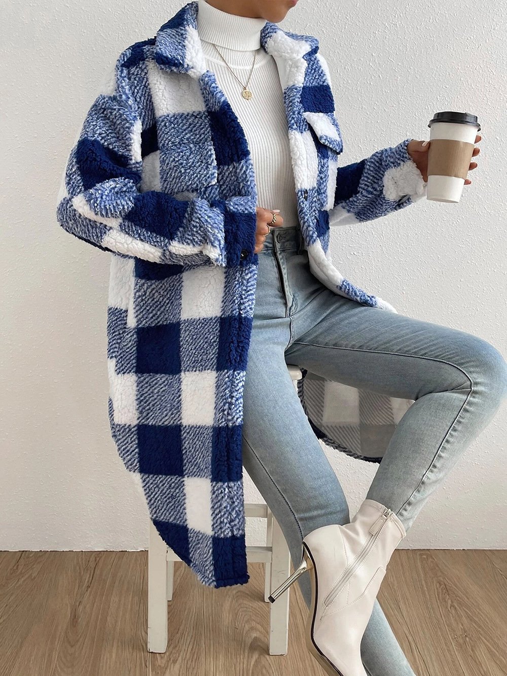 Women's Plaid Winter Outerwear Casual Printing Mid-long Shawl Collar Overcoat