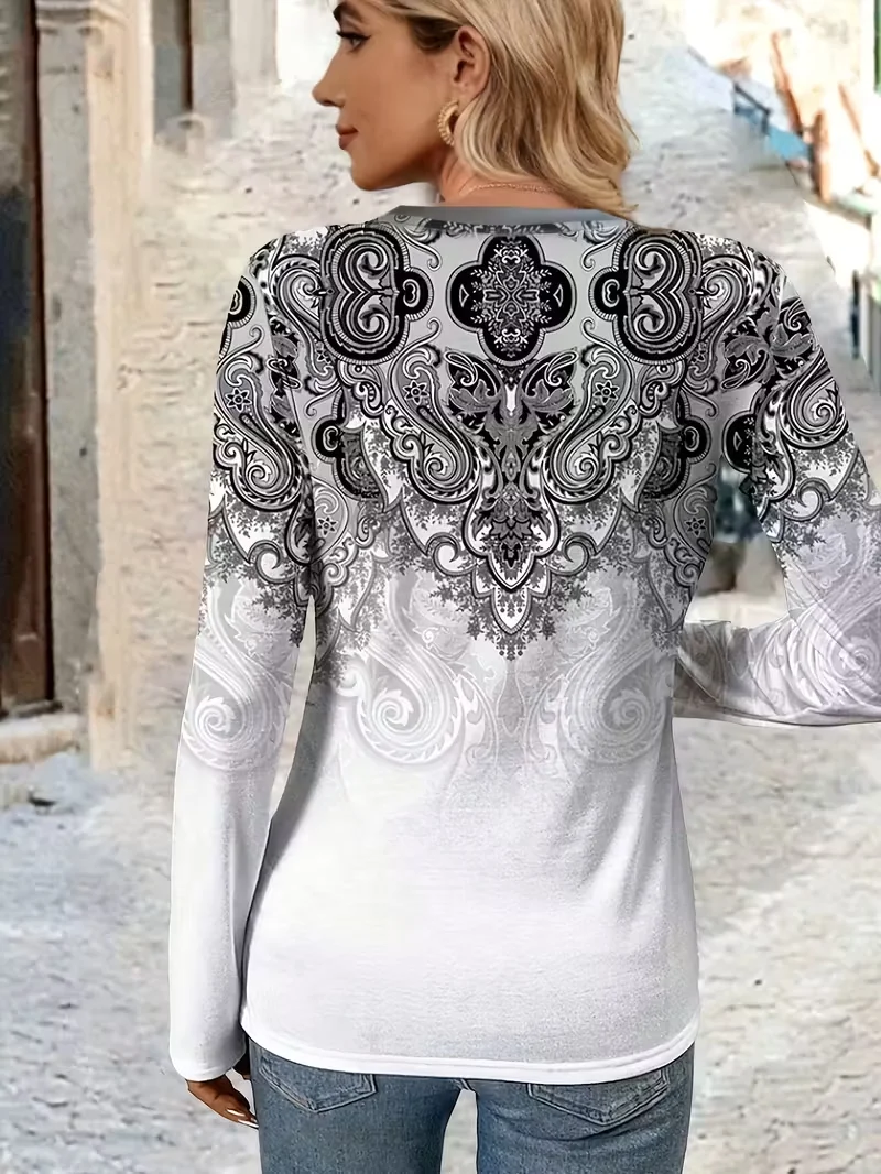 Women Ethnic Long Sleeve Tee T-shirt V Neck Printing Casual Spring/Fall Graphic Tee Top