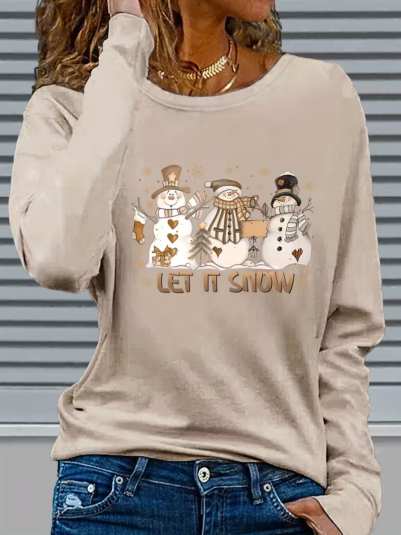 Women Christmas Snowman Long Sleeve Tee T-shirt Crew Neck Printing Casual Spring/Fall Graphic Tee Top