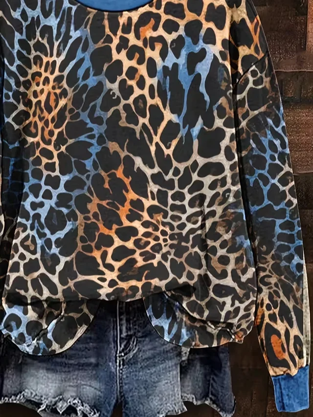 Women Leopard Crew Neck Printing Casual Spring/Fall Long Sleeve Sweatshirt