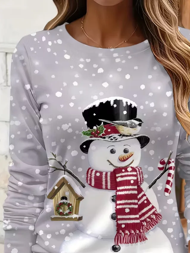 Women Christmas Snowman Long Sleeve Tee T-shirt Crew Neck Printing Casual Spring/Fall Graphic Tee Top