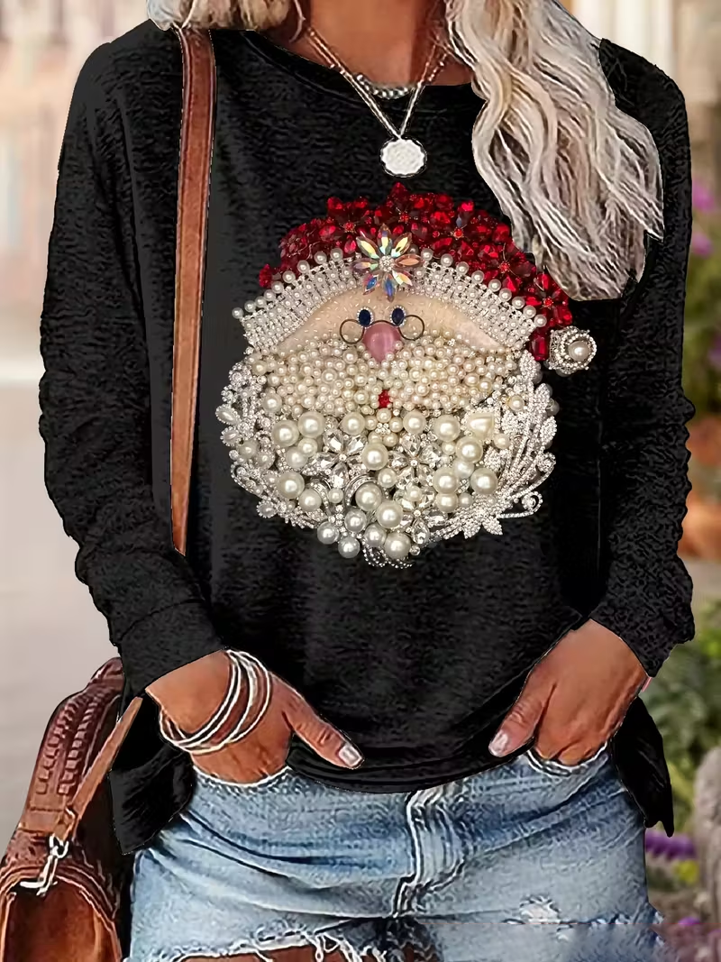Women Santa Claus Long Sleeve Tee T-shirt Crew Neck Printing Casual Spring/Fall Graphic Tee Top