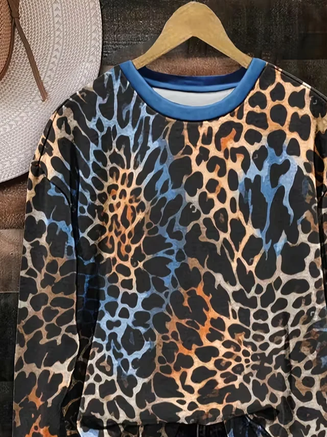 Women Leopard Crew Neck Printing Casual Spring/Fall Long Sleeve Sweatshirt
