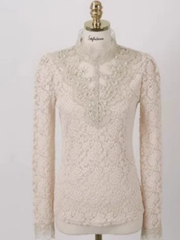 Women Floral Long Sleeve Tee T-shirt Stand Collar Beaded Vintage Spring/Fall Top