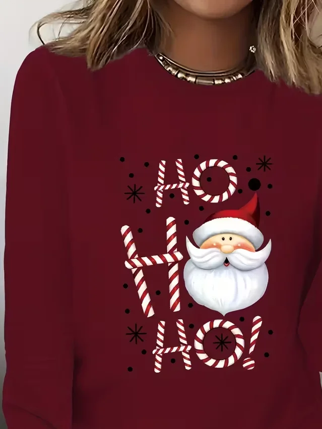 Women Santa Claus Long Sleeve Tee T-shirt Crew Neck Printing Casual Spring/Fall Graphic Tee Top