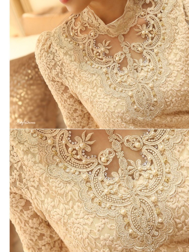 Women Floral Long Sleeve Tee T-shirt Stand Collar Beaded Vintage Spring/Fall Top