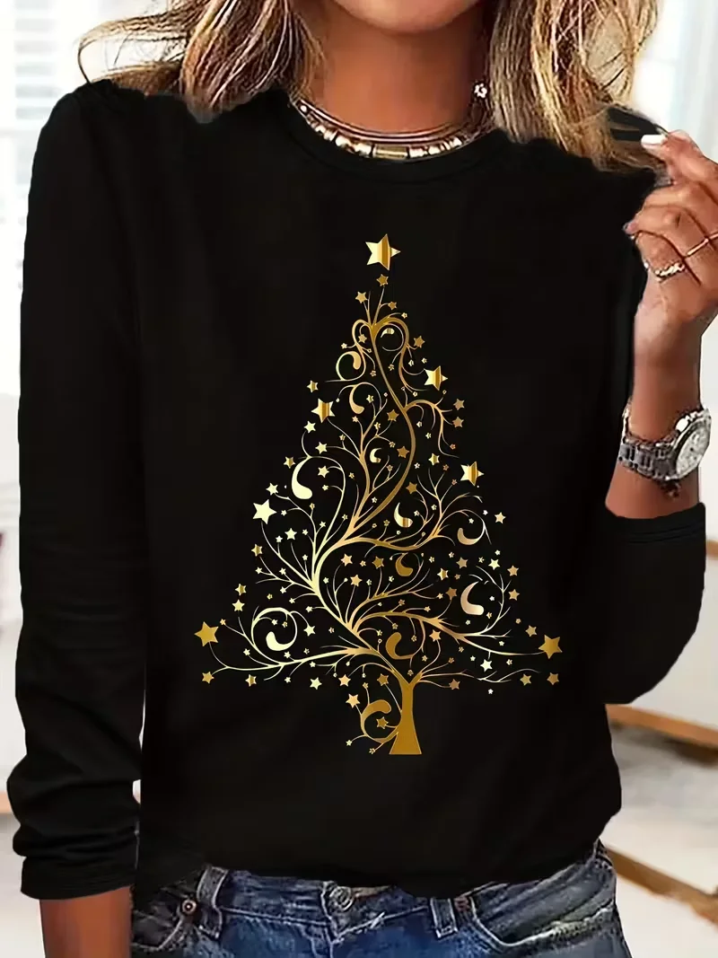 Women Christmas Long Sleeve Tee T-shirt Crew Neck Printing Casual Spring/Fall Graphic Tee Top