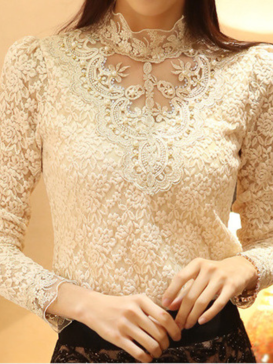 Women Floral Long Sleeve Tee T-shirt Stand Collar Beaded Vintage Spring/Fall Top