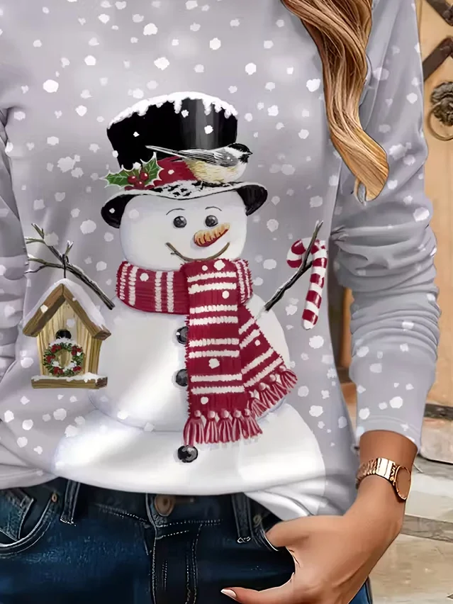 Women Christmas Snowman Long Sleeve Tee T-shirt Crew Neck Printing Casual Spring/Fall Graphic Tee Top