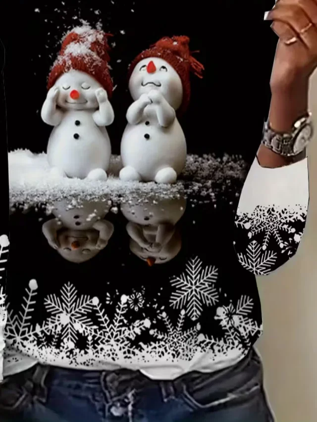 Women Christmas Snowman Long Sleeve Tee T-shirt Crew Neck Printing Casual Spring/Fall Graphic Tee Top