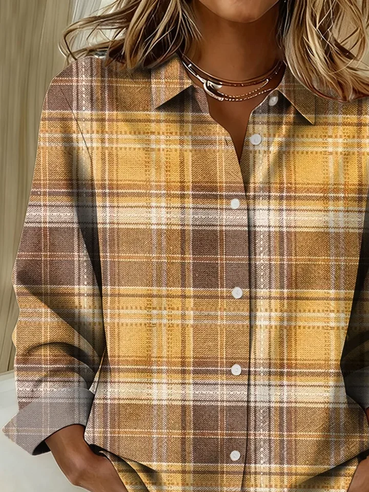 Women Plaid Long Sleeve Shirt Spring/Fall Buckle Shirt Collar Regular Sleeve Daily Casual Top