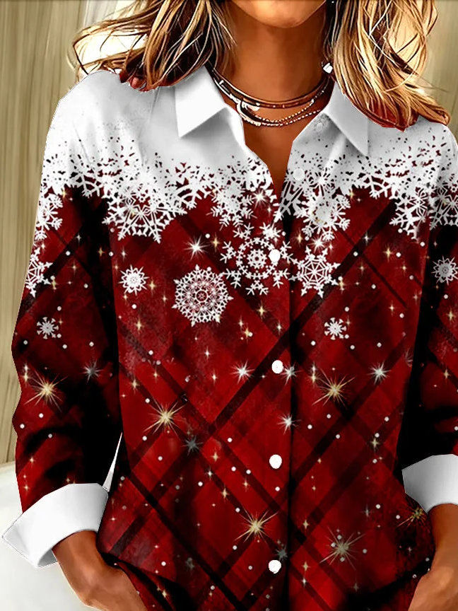 Women Christmas Long Sleeve Shirt Spring/Fall Buckle Shirt Collar Regular Sleeve Daily Casual Top