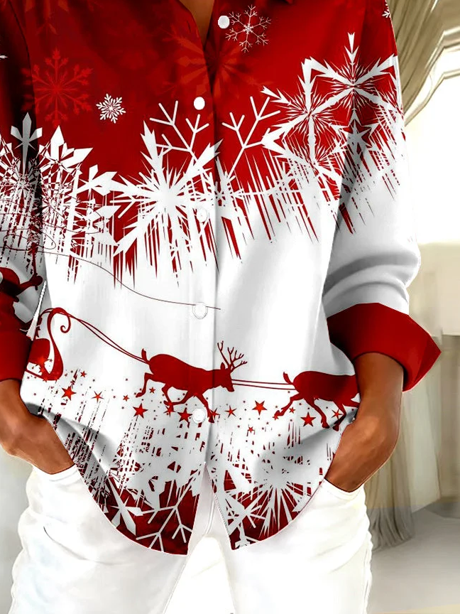 Women Christmas Long Sleeve Shirt Spring/Fall Buckle Shirt Collar Regular Sleeve Daily Casual Top