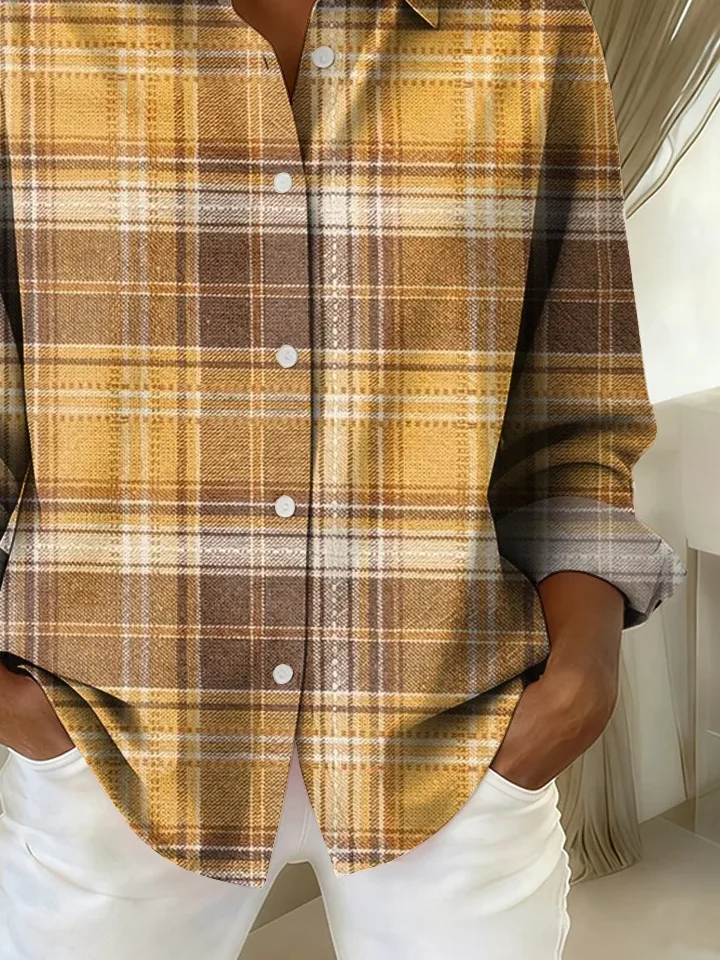 Women Plaid Long Sleeve Shirt Spring/Fall Buckle Shirt Collar Regular Sleeve Daily Casual Top