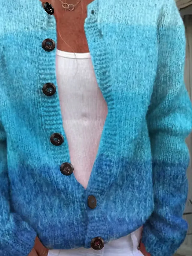 Women Ombre Printing Long Sleeve Crew Neck Vintage Spring/Fall Cardigan Outerwear