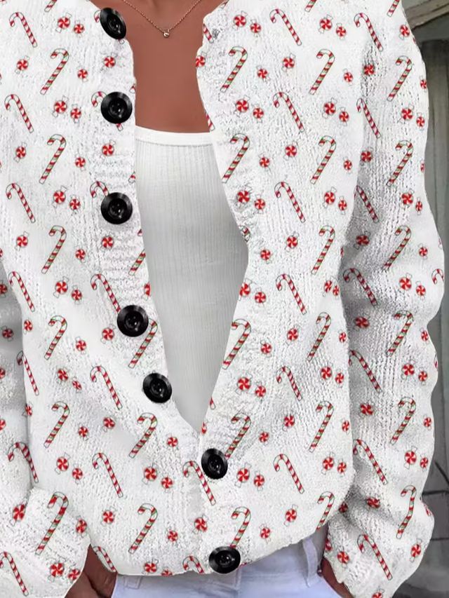 Women Christmas Printing Long Sleeve Crew Neck Vintage Spring/Fall Cardigan Outerwear