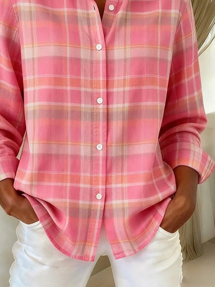 Women Plaid Long Sleeve Shirt Spring/Fall Buckle Shirt Collar Regular Sleeve Daily Casual Top