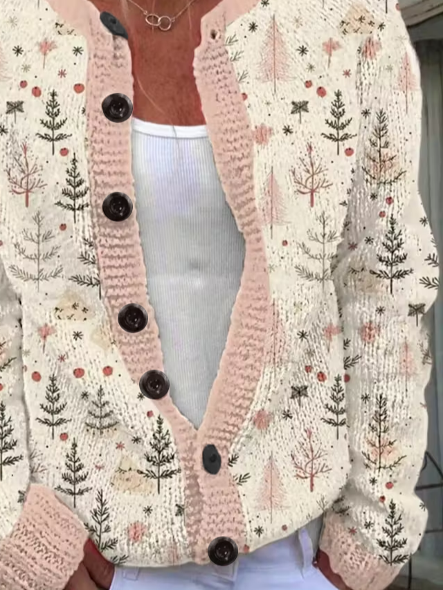 Women Christmas Printing Long Sleeve Crew Neck Vintage Spring/Fall Cardigan Outerwear