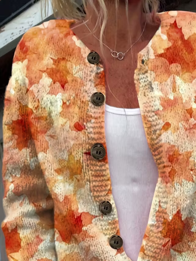 Women Maple Leaf Printing Long Sleeve Crew Neck Vintage Spring/Fall Cardigan Outerwear