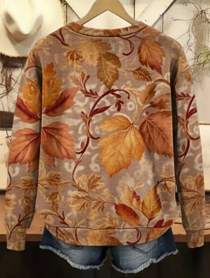 Women Maple Leaf Crew Neck Printing Casual Spring/Fall Long Sleeve Sweatshirt