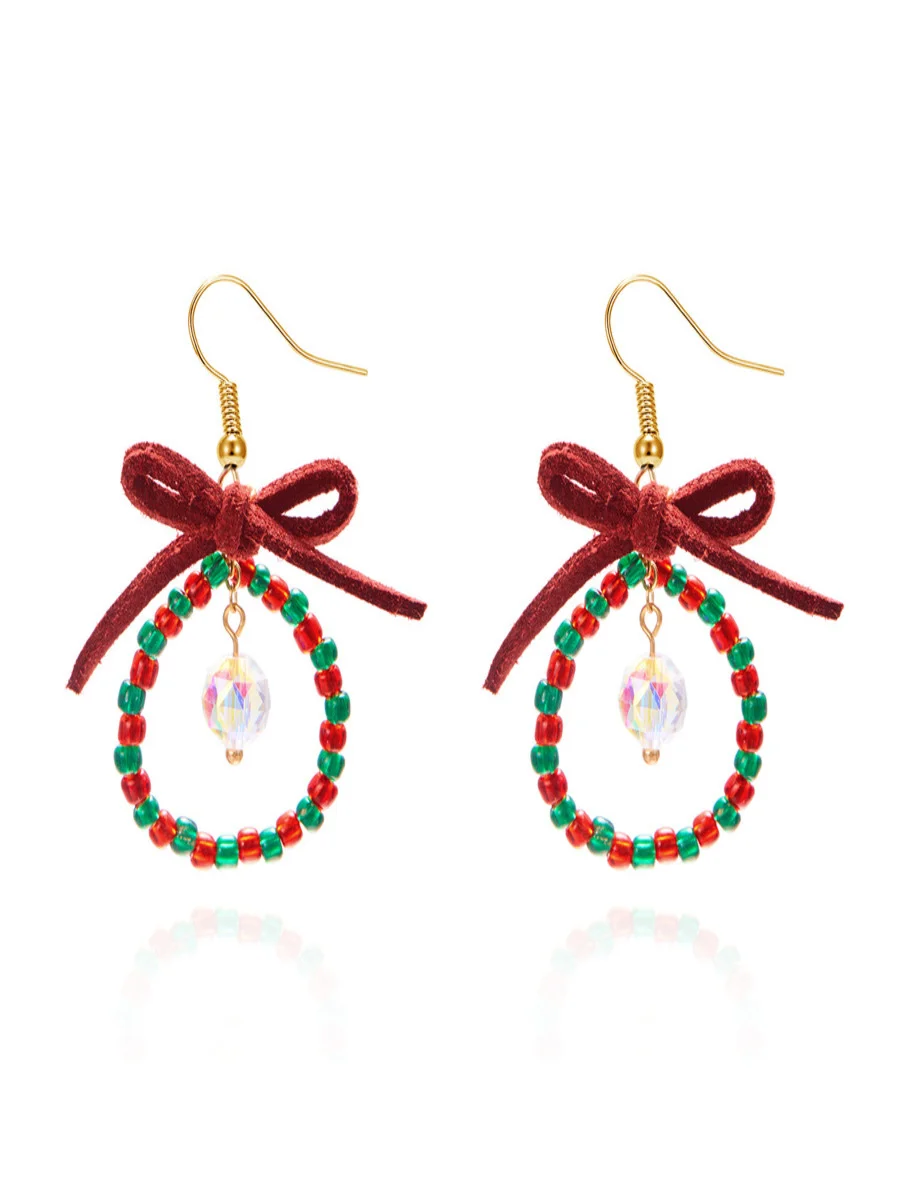 Handmade Christmas Party Millet Bead Earrings Bowknot Fashion Wreath Earrings