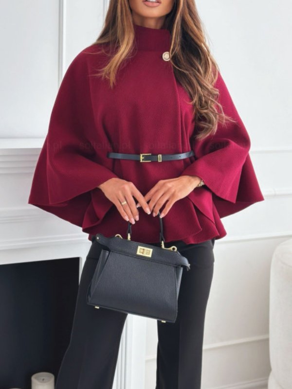 Women's Autumn Outerwear Casual Split Joint Dolman Sleeve Plain Stand Collar Cape Coat