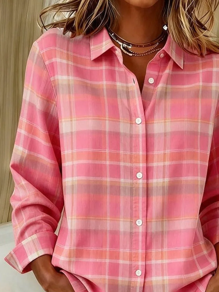 Women Plaid Long Sleeve Shirt Spring/Fall Buckle Shirt Collar Regular Sleeve Daily Casual Top
