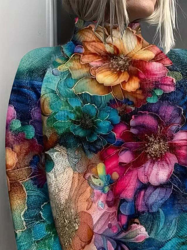 Women Floral Printing Spring/Fall Vintage Long Sleeve Turtleneck Sweater
